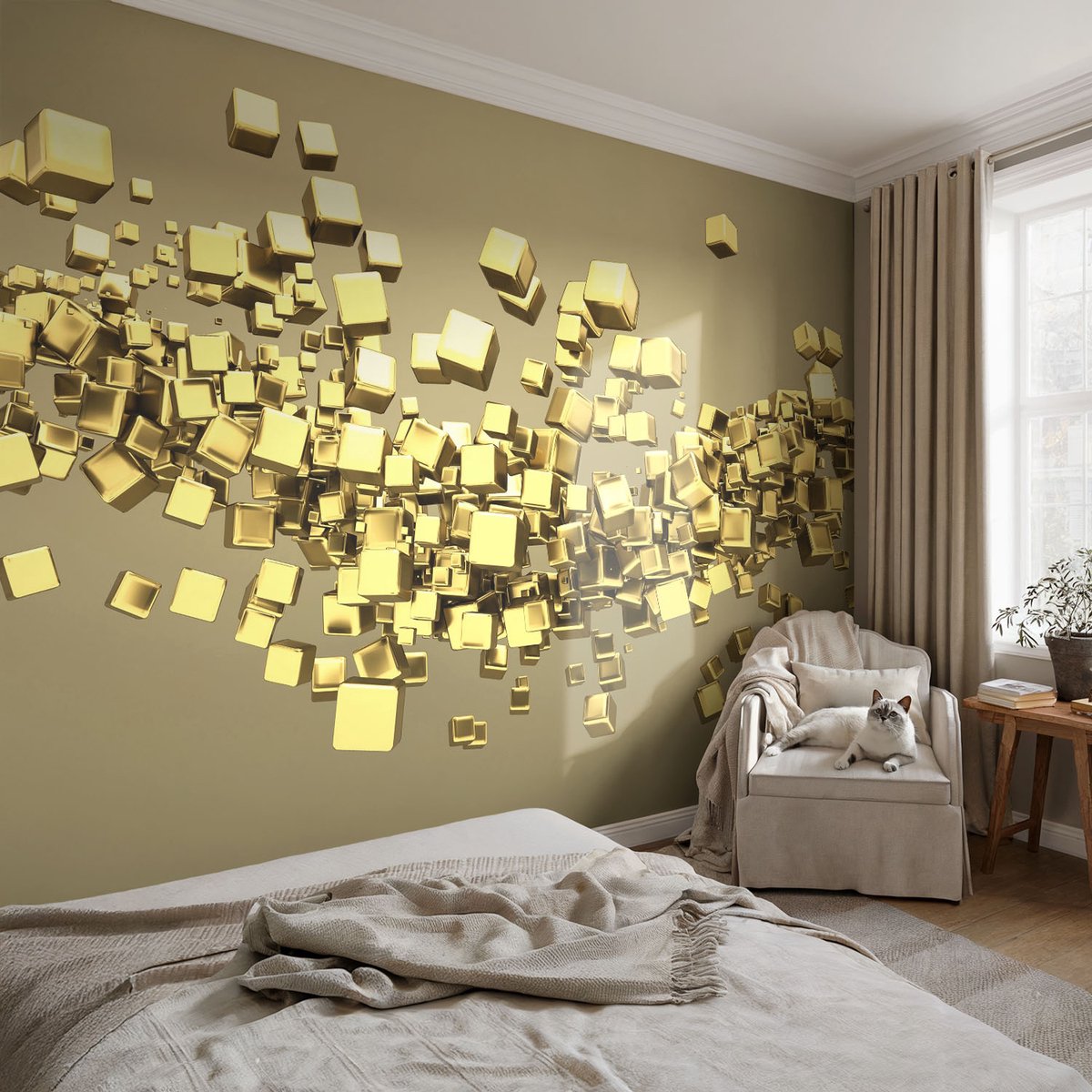 Coloray Vliesbehang - Geel Snellijm Behang - 104x70 cm - Creatieve Kubussen Fotobehang Vlies - Hal behang Abstractie - Muurschildering - Woonkamer behang
