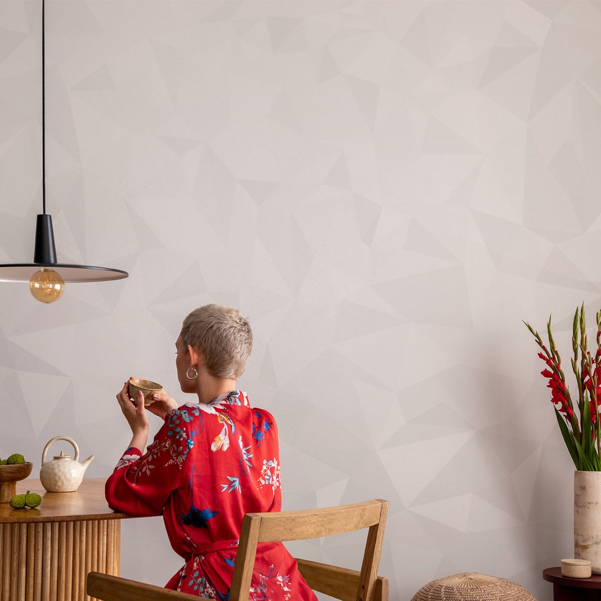 Coloray Vliesbehang - Wit Snellijm Behang - 104x70 cm - Abstract Patroon Fotobehang Vlies - Woonkamer behang Geometrie - Muurschildering - Woonkamer behang