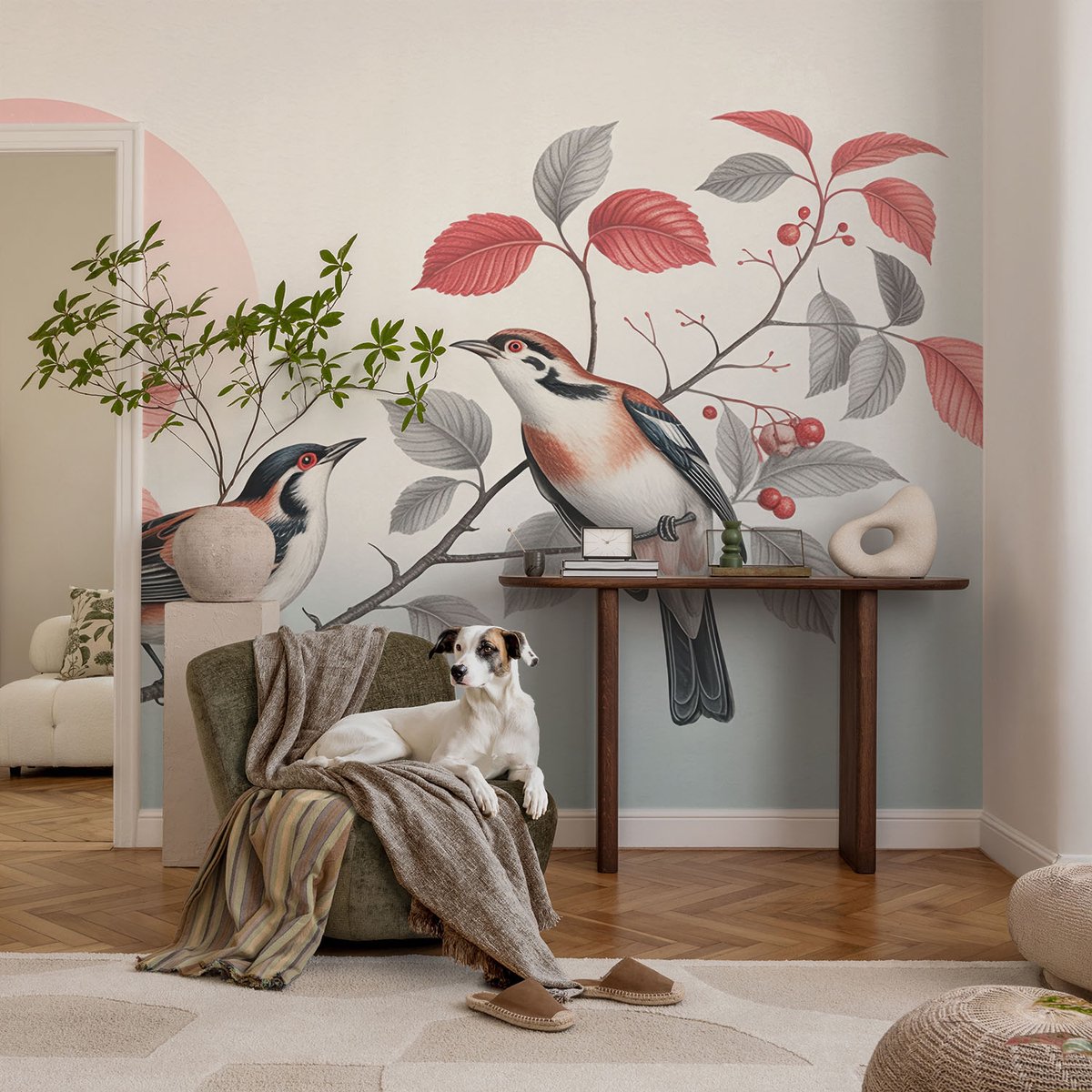 Coloray Vliesbehang - Roze Snellijm Behang - 104x70 cm - Zittende Vogels Muurschildering - Slaapkamer behang Dieren - Fotobehang Vlies - Slaapkamer behang
