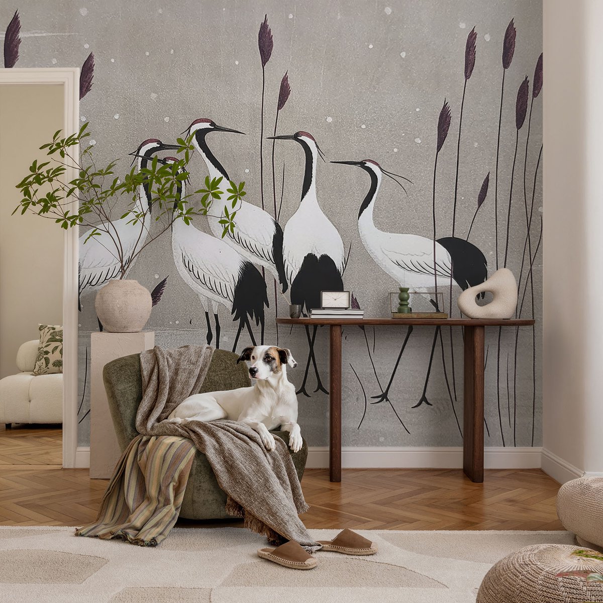 Coloray Vliesbehang - Grijs Snellijm Behang - 104x70 cm - Een Zwerm Kraanvogels Muurschildering - Gang behang Dieren - Fotobehang Vlies - Gang behang