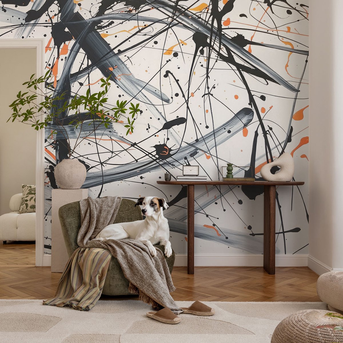 Coloray Vliesbehang - Zwart-Wit Snellijm Behang - 104x70 cm - Energiechaos Fotobehang Vlies - Hal behang Abstractie - Muurschildering - Woonkamer behang