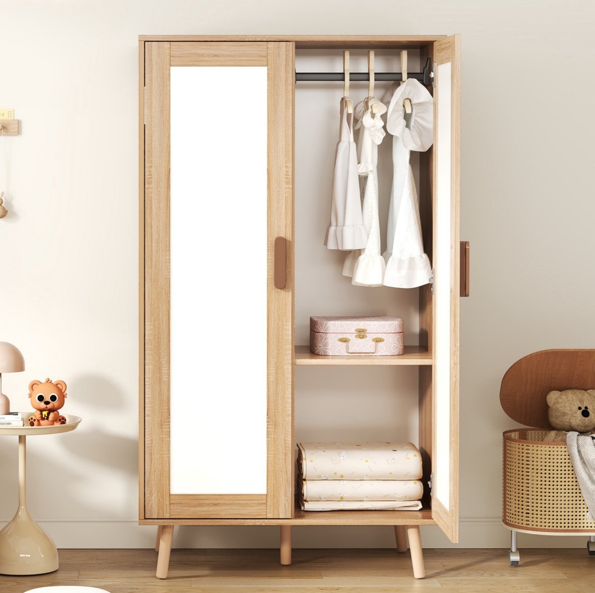 FloraGrace Kledingkast - Twee Deuren Met Kledingroede En Spiegel - Voor Kinderkamer En Slaapkamer - MDF - 80x46x141,5 Cm - Wit Naturel Naturel en wit