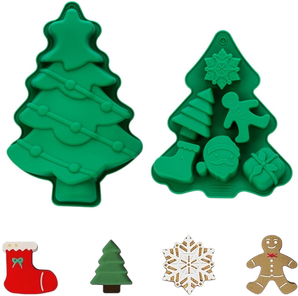 2-delige set - Kerst siliconen bakvormen - Snoepvormen - Chocoladevormen - Zeepvormen - Met sneeuwvlok-, kerstboom-, kerstman- en kerstsokpatronen - Groen - Grote en kleine maten - Voor het maken van kaarsen, zeep, taarten en hars producten