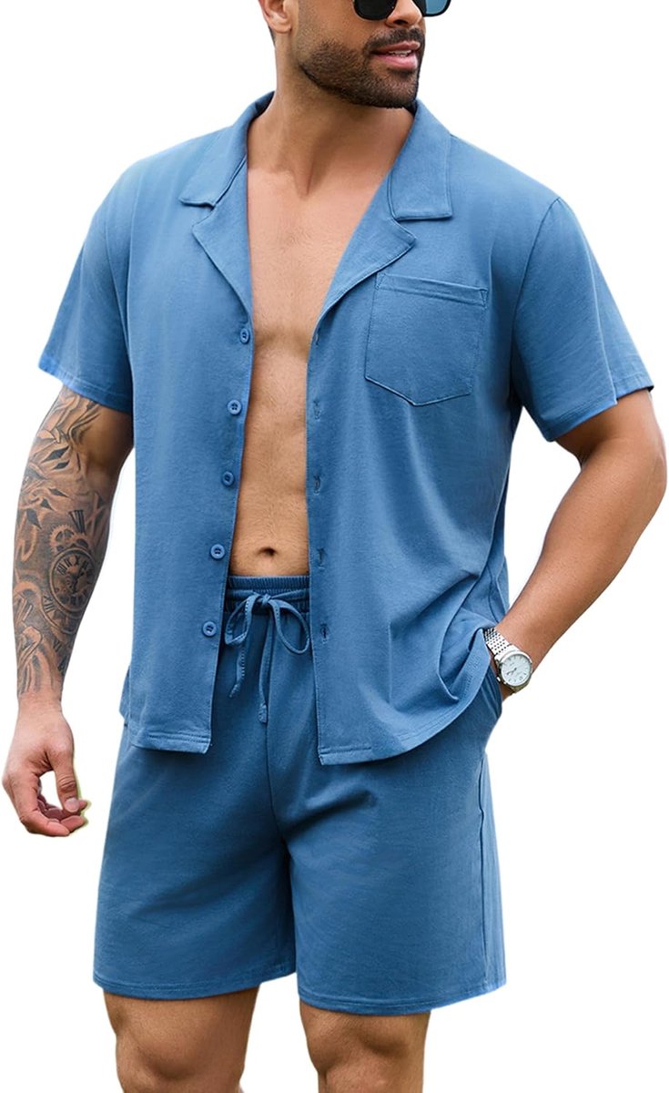 Herenpyjama-set met korte mouwen, geruite pyjama's, katoen, geruite loungewear, top en broek, 2-delige nachtkleding, nachtkleding klassiek met zakken