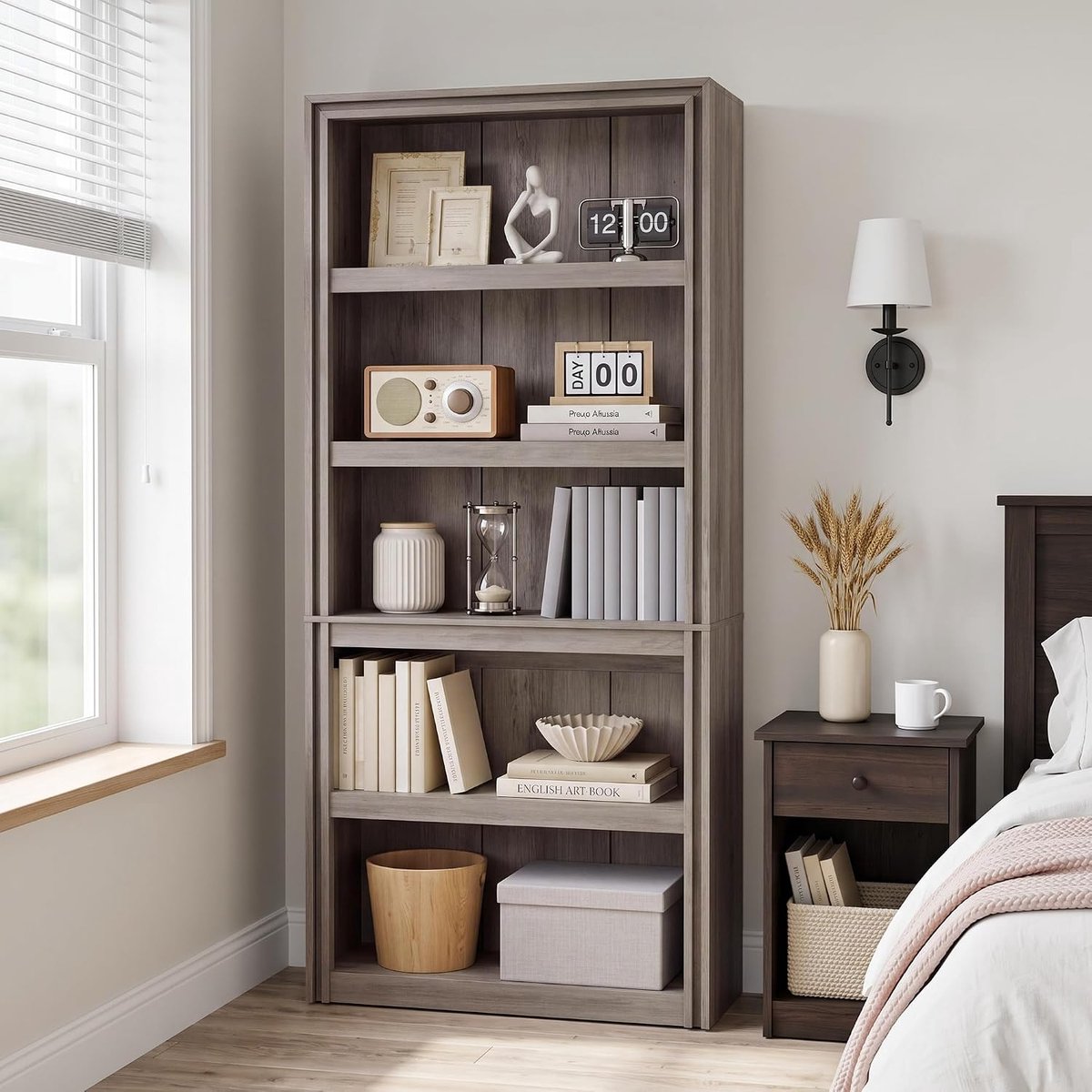 Houten boekenkast 80x30x180cm - grijs - 5 legplanken - ruime opbergkast voor boeken en decoratie