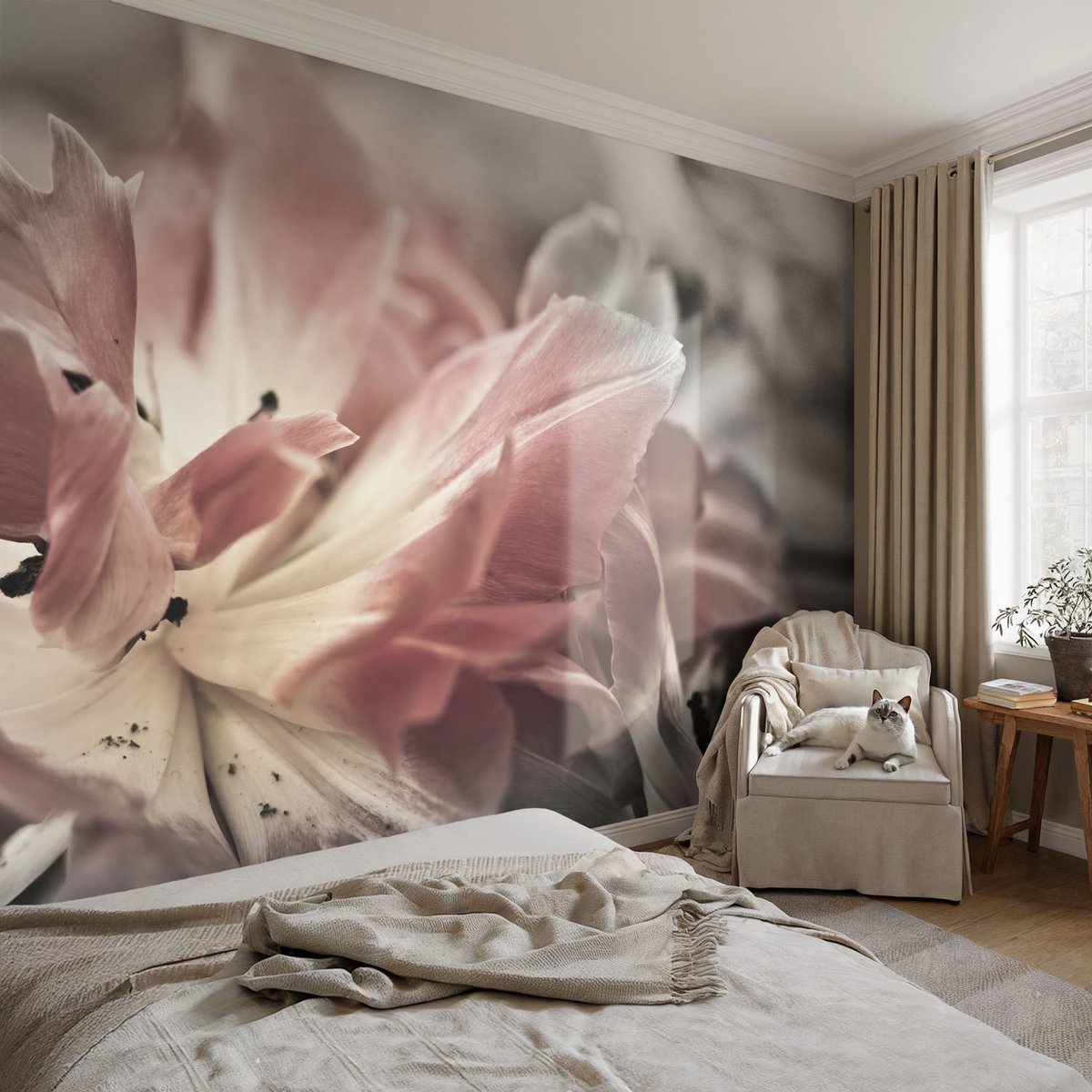 Coloray Vliesbehang - Grijs Snellijm Behang - 152x104 cm - Pastelkleurige Bloem Fotobehang Vlies - Woonkamer behang Bloemen En Planten - Muurschildering - Woonkamer behang