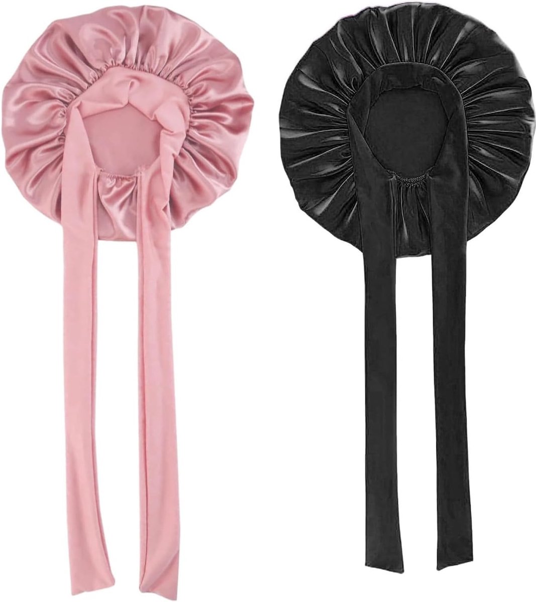 bonnet, 2 stuks zachte zijden bonnet haar wrap voor het slapen haar bonnet voor bad verstelbare satijnen nachtslaapmutsen met stropdas band voor vrouwen meisjes lang steil krullend haar zwart