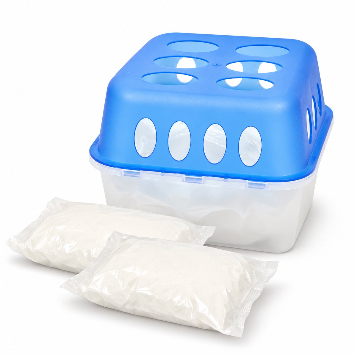 Vochtvreter met 2 Zoutzakken – Compacte Vochtabsorber / Luchtontvochtiger zonder Stroom – Voor Kast, Badkamer, Slaapkamer, Caravan & Berging – 13,5 x 12 x 13,5 cm – Blauw