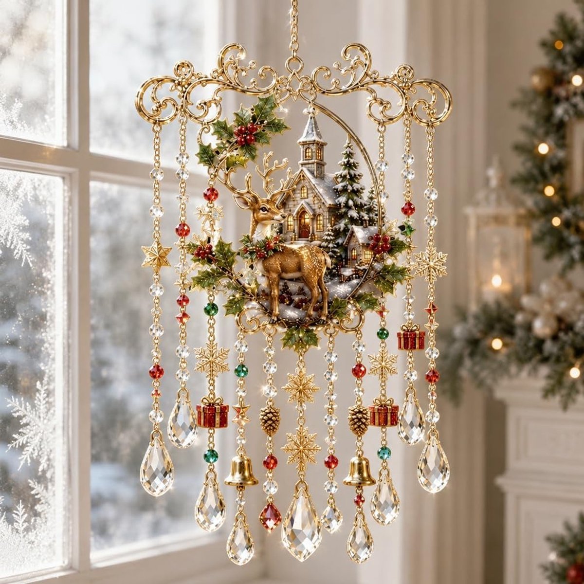 Casalora® Kerst-zonnevanger met windgong – Raamhanger in glas-in-loodstijl – Plat 2D-ornament van acryl – Woondecoratie – Decoratief cadeau voor herfst/winter – Geschikt voor binnen en buiten – Rendier