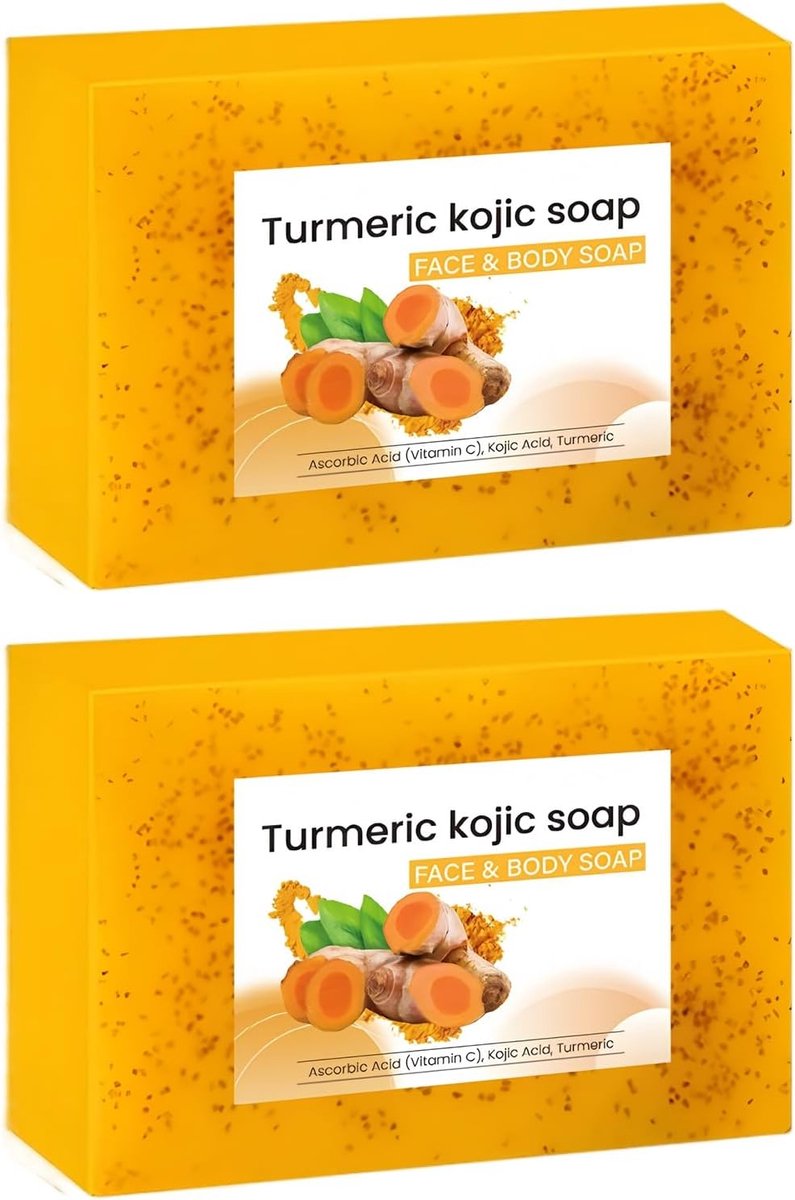 2PC Kojic Acid Soap, Turmeric Soap Bar, Diepe reiniging voor gezicht en lichaam, Hydraterend, Vlekverwijderaar voor gezicht en lichaam, Peelt, Geschikt voor alle huidtypes