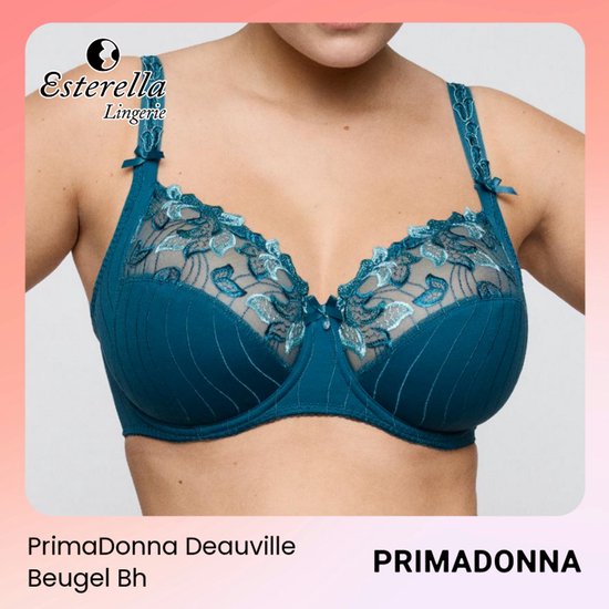 Beige beugel bh met kant, strikjes en geborduurde bloemen. Merk: PrimaDonna.