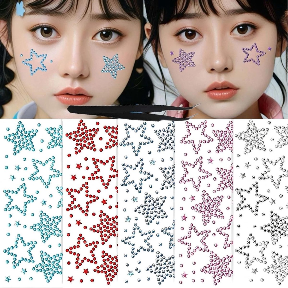 5 vellen met glittersteentjes, zelfklevend, sterren en strass, voor gezicht, party, carnaval, rave, vrouwen, doe-het-zelf accessoires