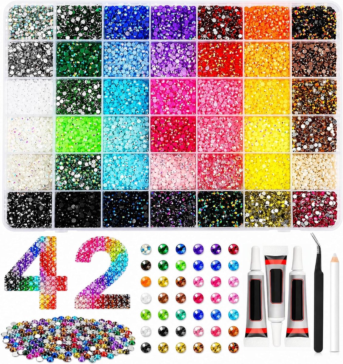 42 kleuren 3 mm glittersteentjes, 32000 stuks strass-steentjes, bedazzling voor nagels, textiel, diamond painting