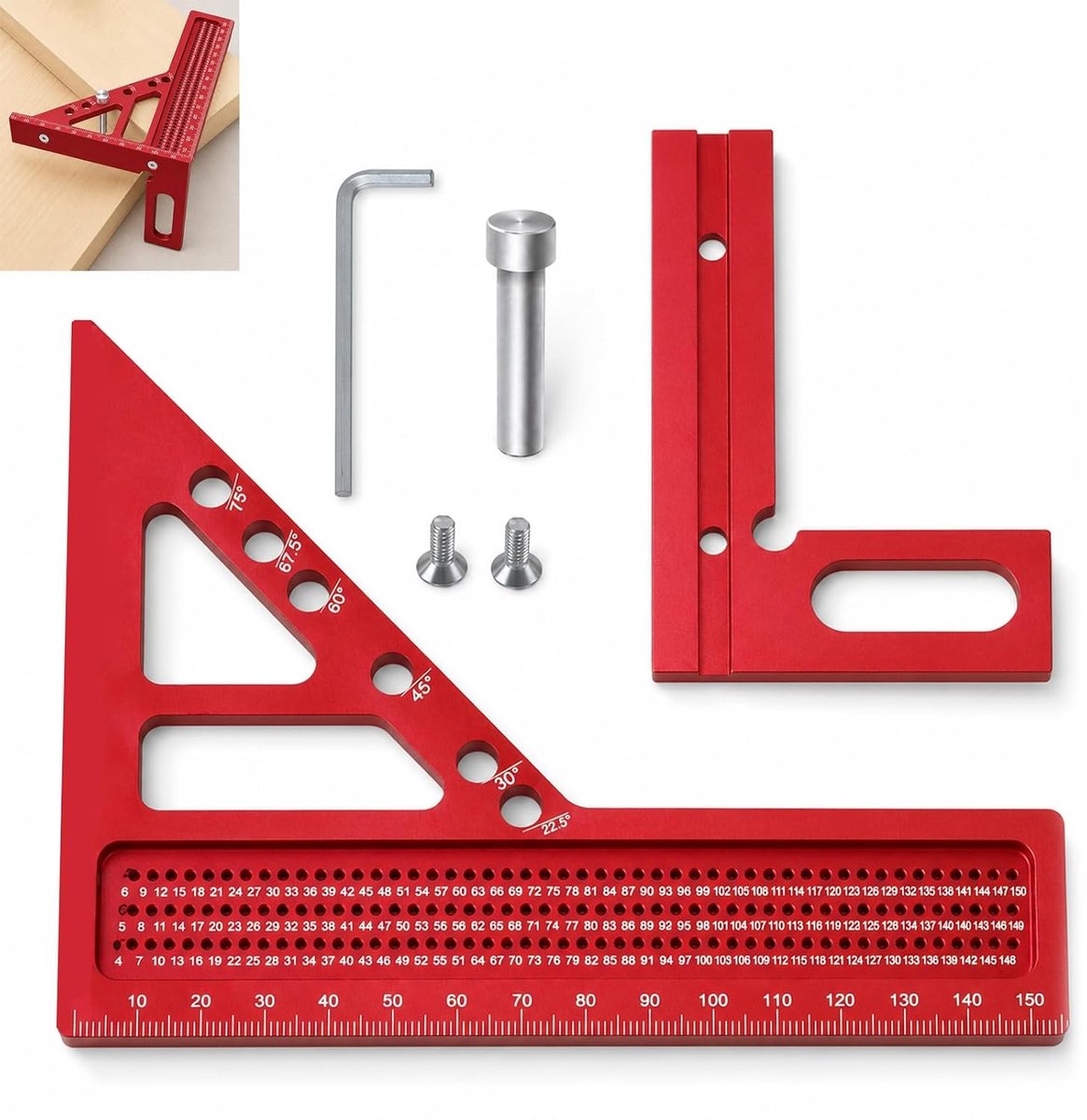 1 stuk 3D-timmermanshoek van aluminium, 160 mm, multi-hoek timmerwerk, aluminium 22,5° tot 90°, afneembaar traceergereedschap voor timmerwerk, houtbewerking en doe-het-zelf