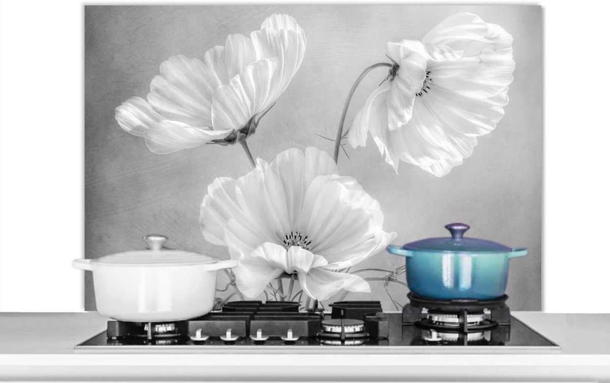 Spatscherm Keuken - 100x65 cm - Stilleven - Bloemen - Zwart wit - Klaproos - Botanisch