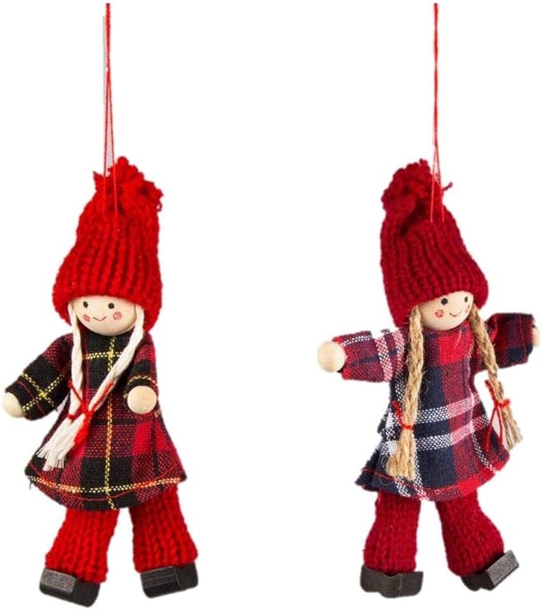 Vilten tartan & rode wol kerstpoppen hangende decoratie