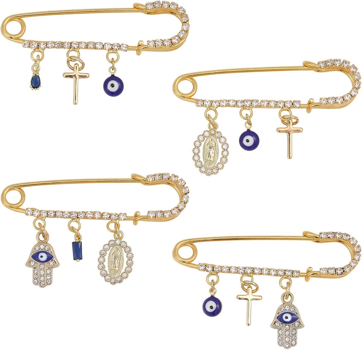 4-delige boze oog broche set messing met strass-steentjes, reversspelden voor rugzak en kleding, gemengde maten