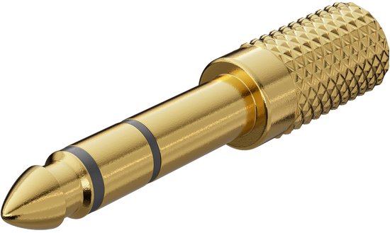 Gouden 6,35mm jack-adapter met gekartelde grip en twee zwarte ringen.