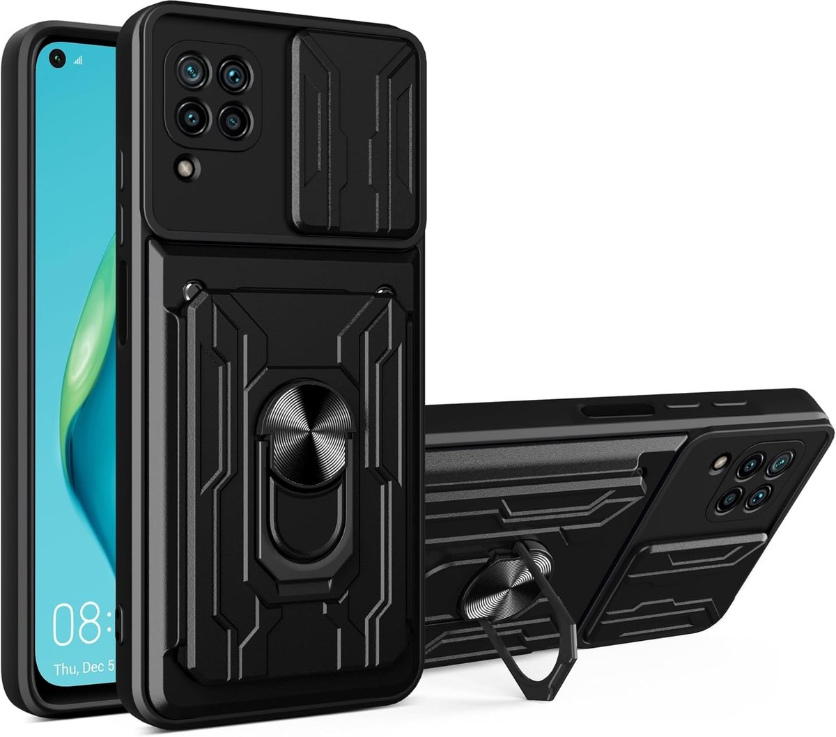 Beschermhoes voor Huawei P40 Lite, beschermhoes, schuifbare cameraafdekking, ringstandaard, afneembare schuifbare kaartgleuf, militaire beschermhoes, schokbestendig, Huawei P40 Lite - Zwart