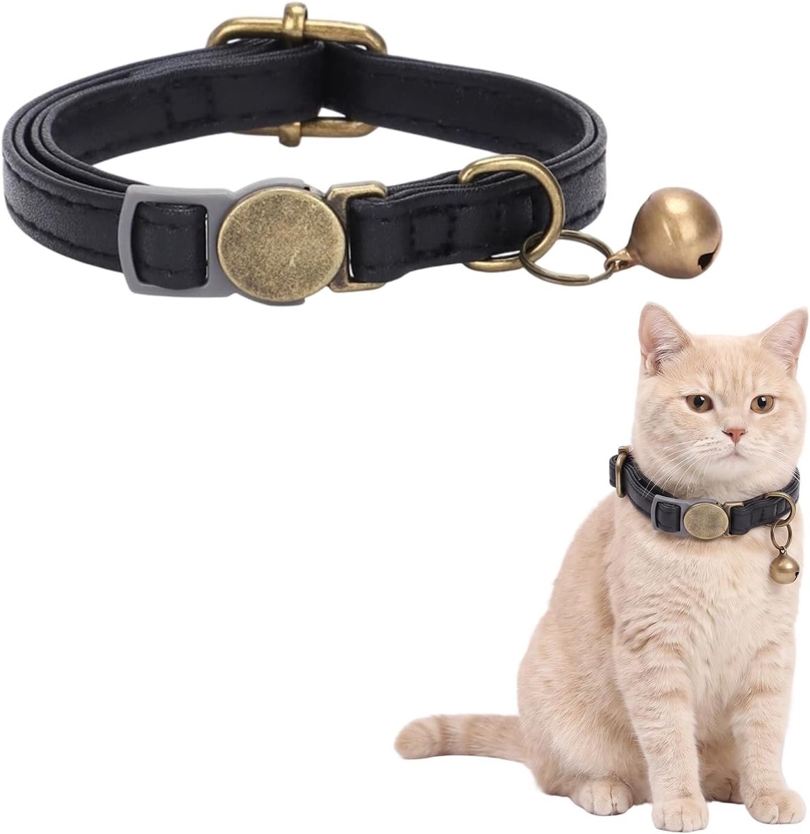 1 kattenhalsband van leer met bel, zachte veiligheidshalsband voor katten en kittens, breedte 1 cm, lengte 19-30 cm, zwart