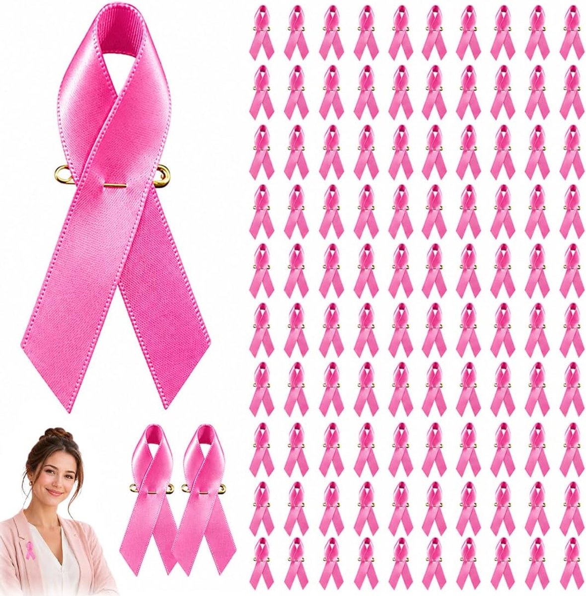 Set van 100 Oktober Roze Borstkwab Bewustwordingspins, Roze Lint Pins met Veiligheidsspelden, Satin Lint Broches Voorgesneden, Broche voor vrouwen en meisjes