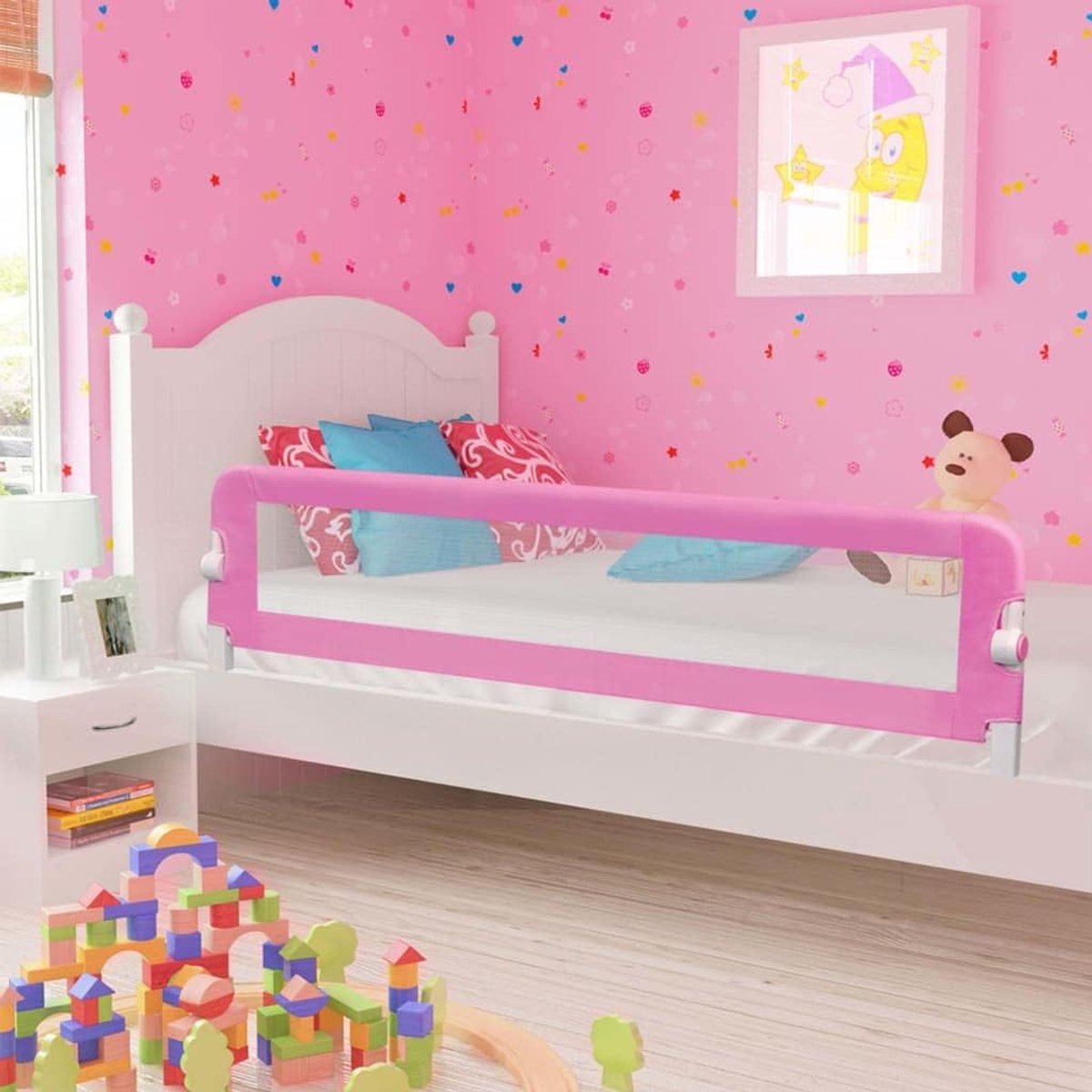 Bedhek, bedhek, kinderbedhek, babybedhek, valbescherming voor kinderen, baby's, peuters, rooster, kinderbed, roze, 180 x 42 cm, polyester