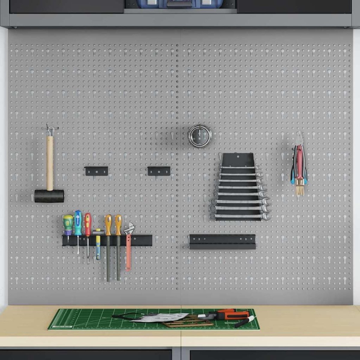 Set van 2, gereedschapsgatenwand van hout en staal, wandorganizer voor de werkplaats, 100 x 80 cm, grijs