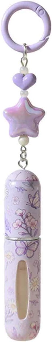 verstuiver voor onderweg, navulbaar, 5 ml, mini-parfumvuller, leeg, paars, reisparfumverstuiver met bloemen- en vlinderpatroon, ster en hart, sleutelhanger, tasdecoratie