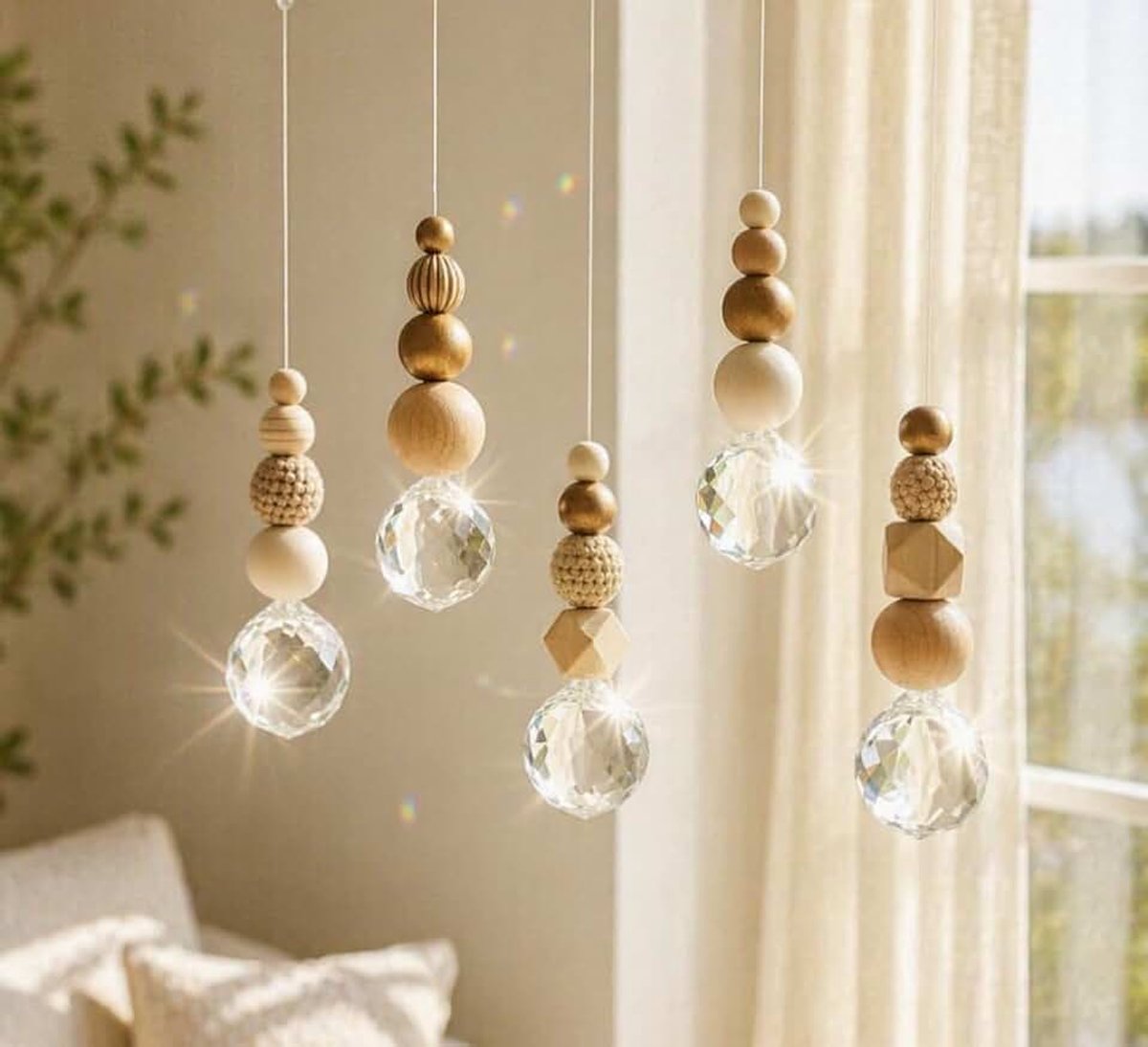 5 stuks kristallen suncatcher-set met hangende kristallen en houten kralen, kristalglazen kroonluchter, lichtvanger, kristallen hanger, prisma's voor ramen, huis, tuin, windgong
