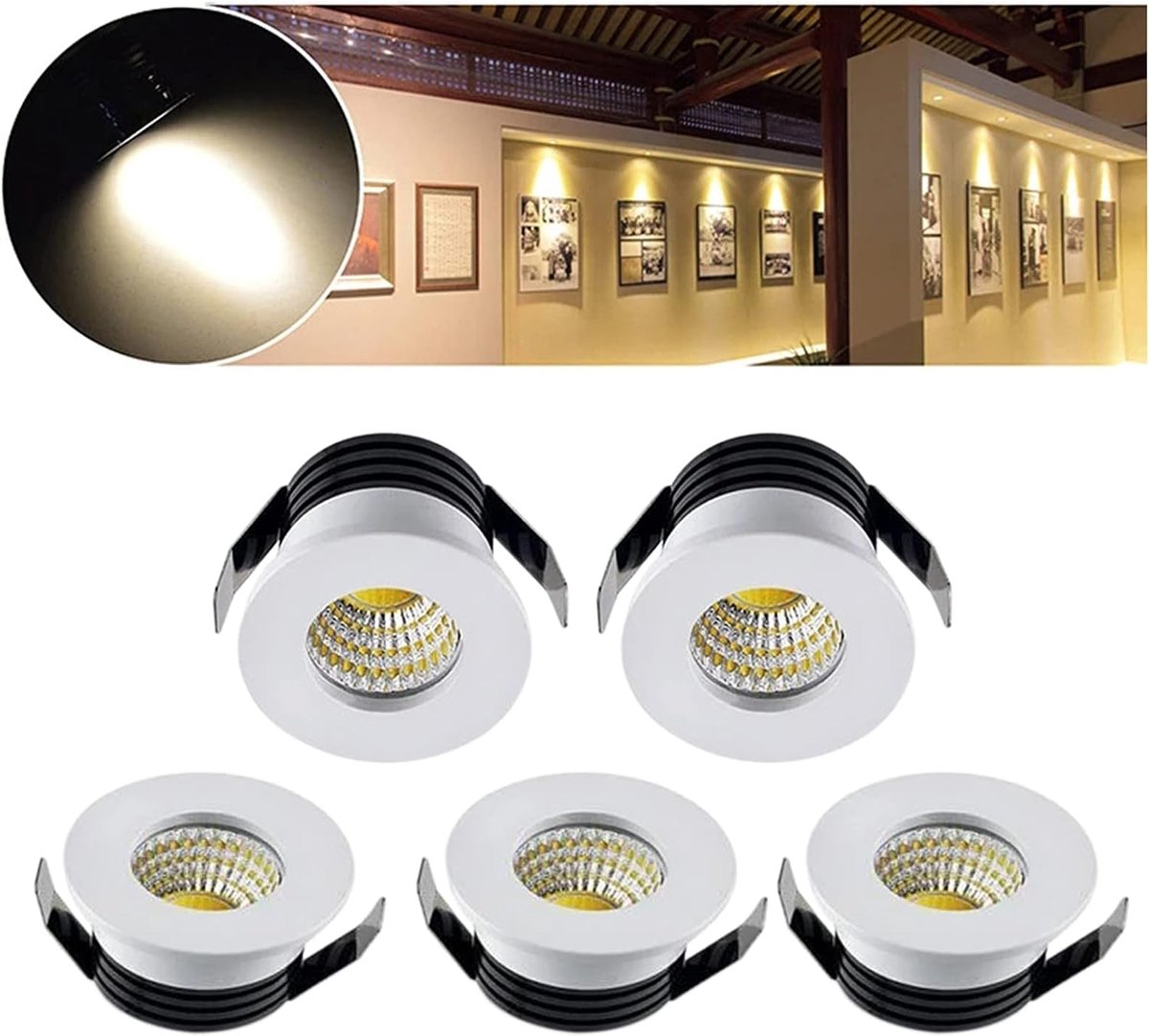 Mini-inbouwspots, 5 stuks, 3 W, mini-led-inbouwspots, 230 V, voor wijnkast, kast, keuken, woonkamer (warmwit)