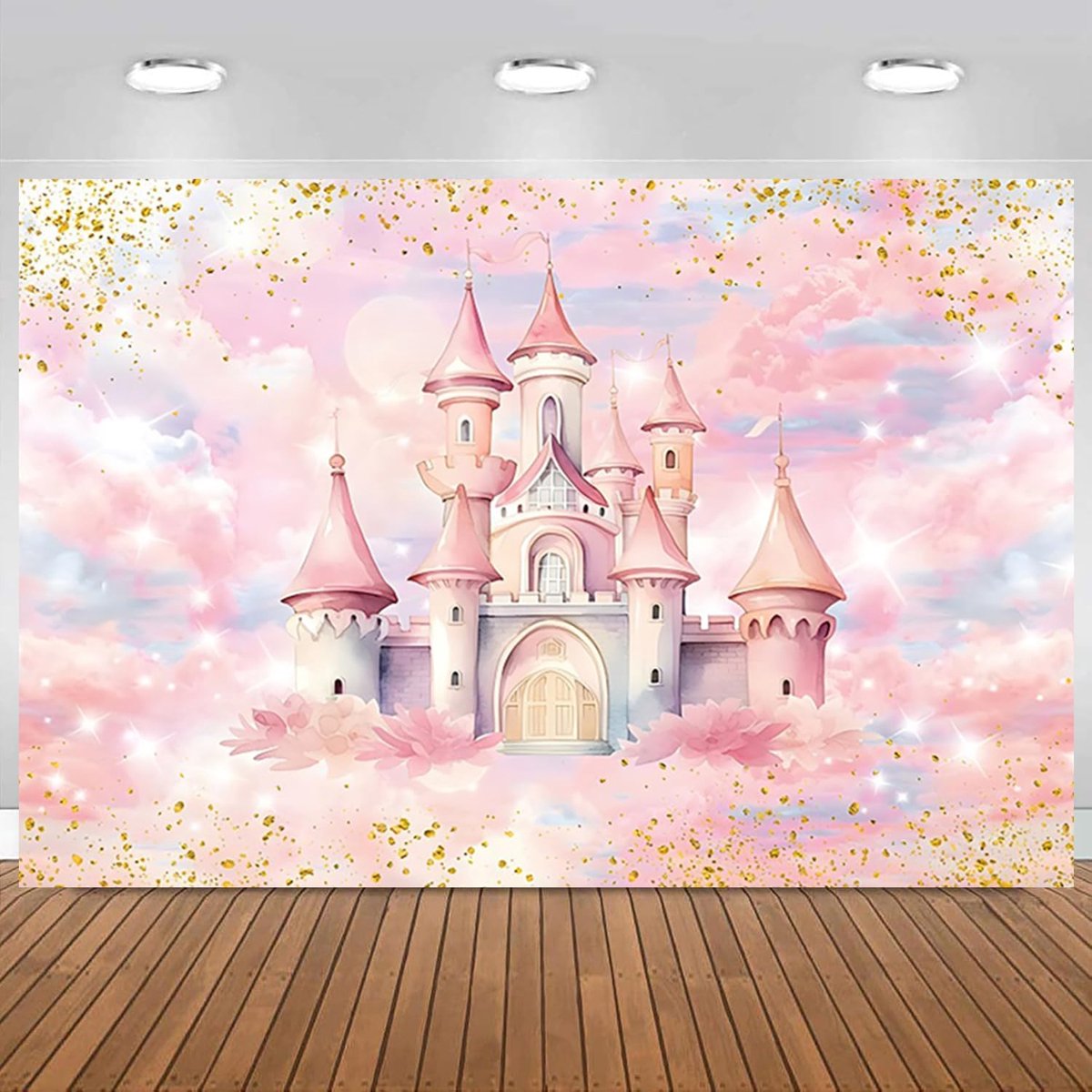 Achtergrond aquarel pastel regenboog roze prinses kasteel gouden stippen fotografie-achtergrond zoete meisjes prinses verjaardagsfeestje taart tafel decoraties banner fotocabine