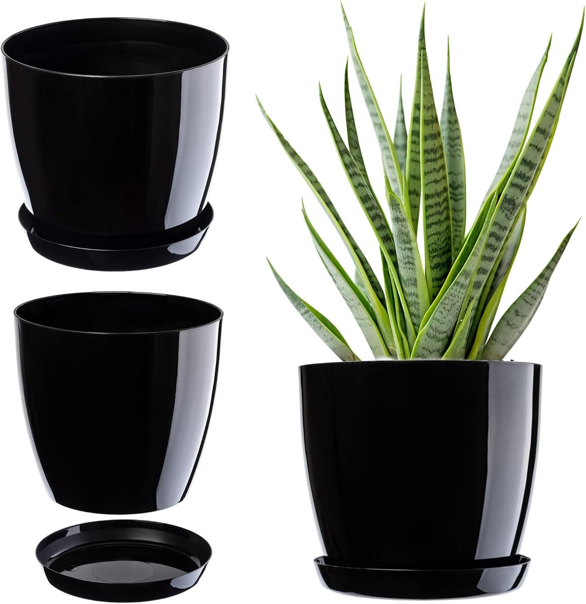 bloempot, plantenpot met onderschotel, ronde bloempot voor binnenshuis, elegante sierpot van kunststof, bloempot voor bloemen en planten, lichtgewicht plantenpot (Ø 12 cm, zwart)