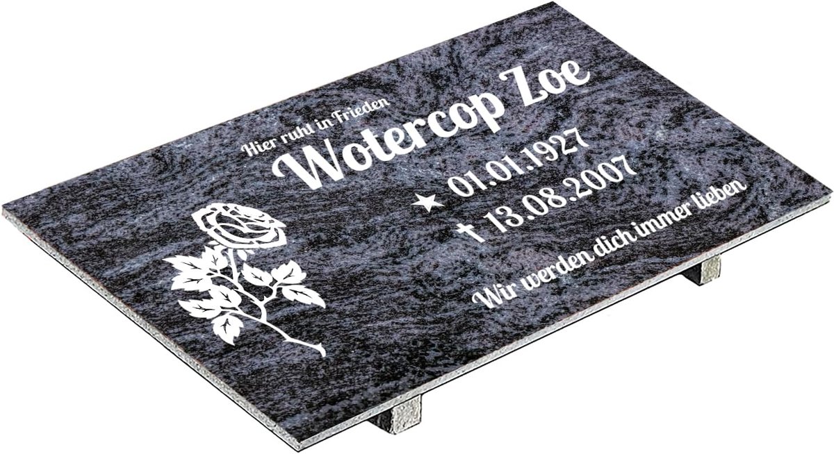 Grabplatte mit Inschrift aus Granit Orion Blue, personalisierbar Gedenktafel für Urnengrab, Wählmotiv, Grabstein für 1-2 Pers., Urnengrabstein (Orion Blue, 30x60cm mit Stützen, Rose)