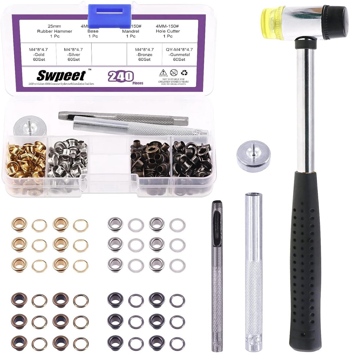 484 Stuks - 240 Sets 3/20" (4mm) Grommets in 4 Kleuren met 3 Installatietools en Hamer voor Reparatie en Creatieve Projecten