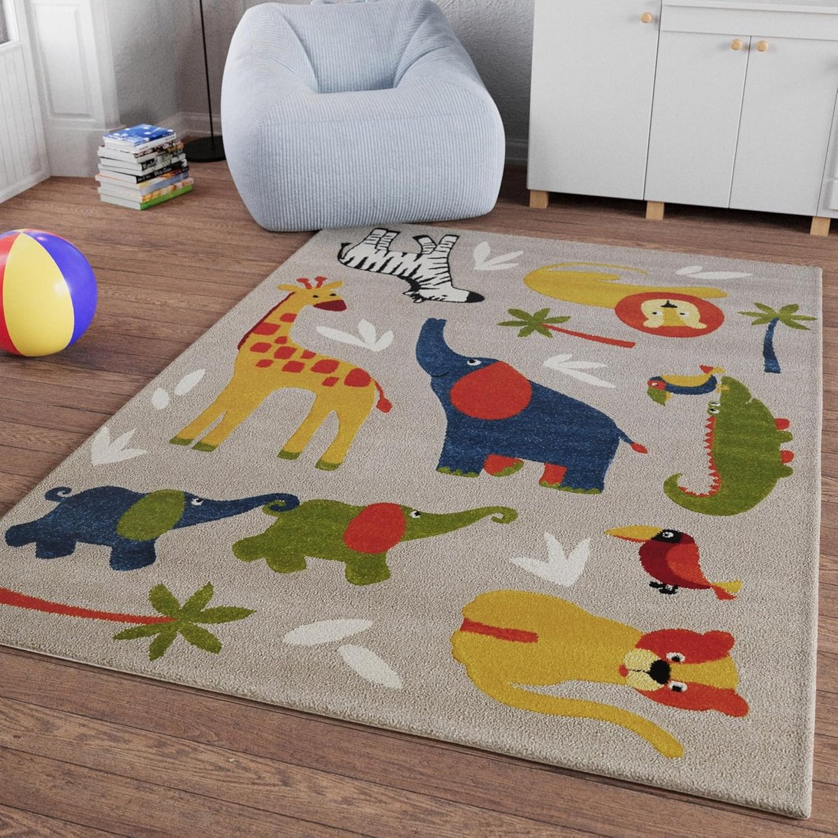 Kids Geweven kindertapijt, ontdek de kleurrijke safari met krokodillen, olifanten, giraffen en zebra's – Benny & Friends (160 x 230 cm, zand beige gemêleerd)