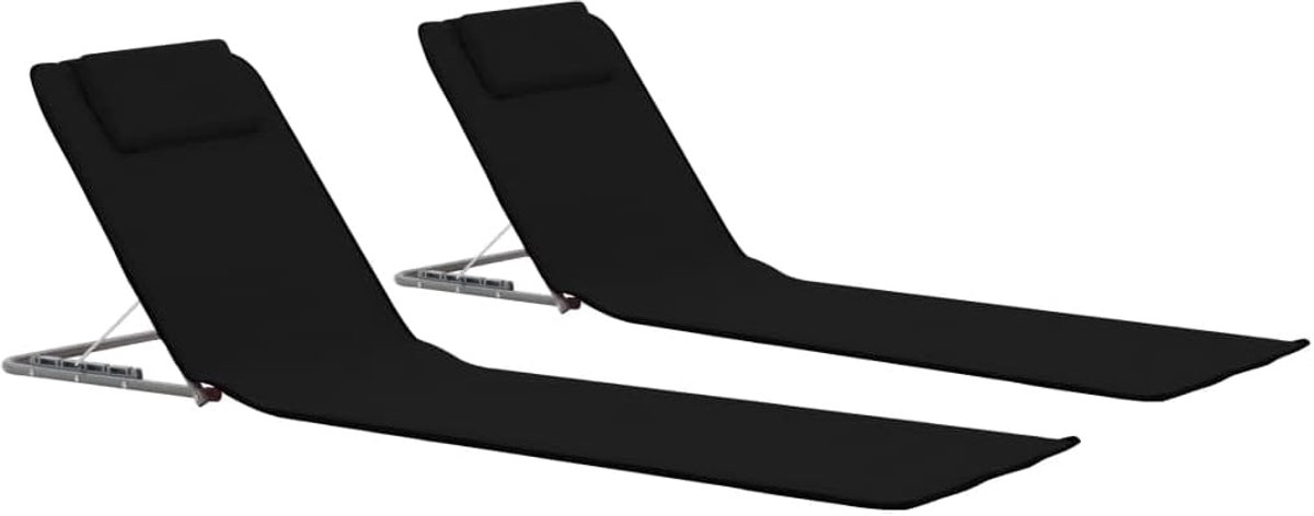 Strandmat, 2 stuks, staal en stof, zwart, opvouwbare ligstoel met opbergvak en verstelbare rugleuning voor strand, camping, terras, zonneligstoel, relaxstoel