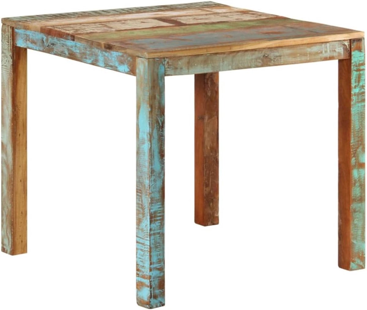 Houten eettafel, 82 x 80 x 76 cm, oud hout, rustiek, handgemaakt, uniek, tafelblad van gerecycled hout, eettafel, keukentafel, kleurvariatie, blauw, groen, crème