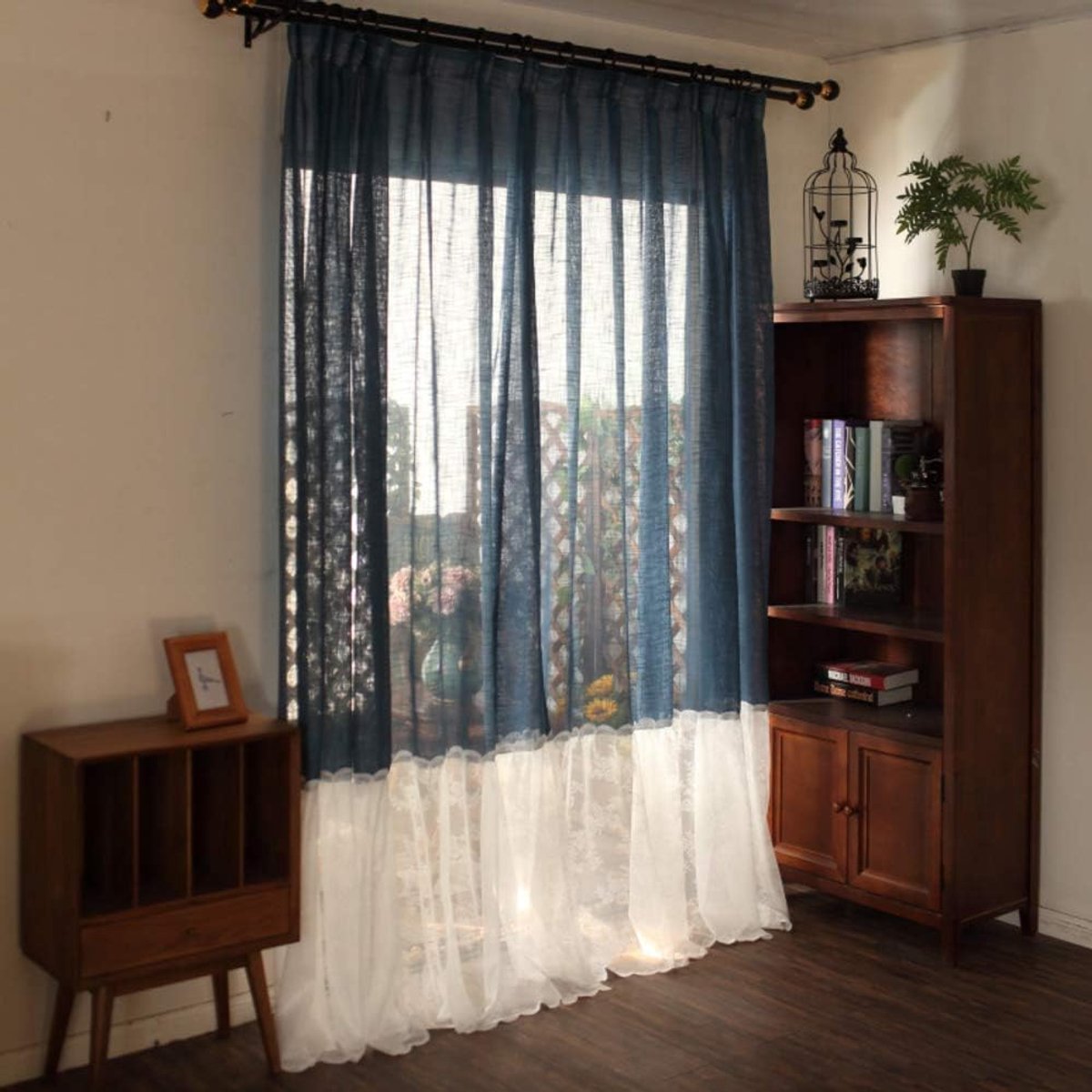 Gegolfd/pure voile panelen/licht filteren/geborduurd/bloem/gordijnen, voor slaapkamer/balkon koffie huis-blauw tule kant 200 * 200cm