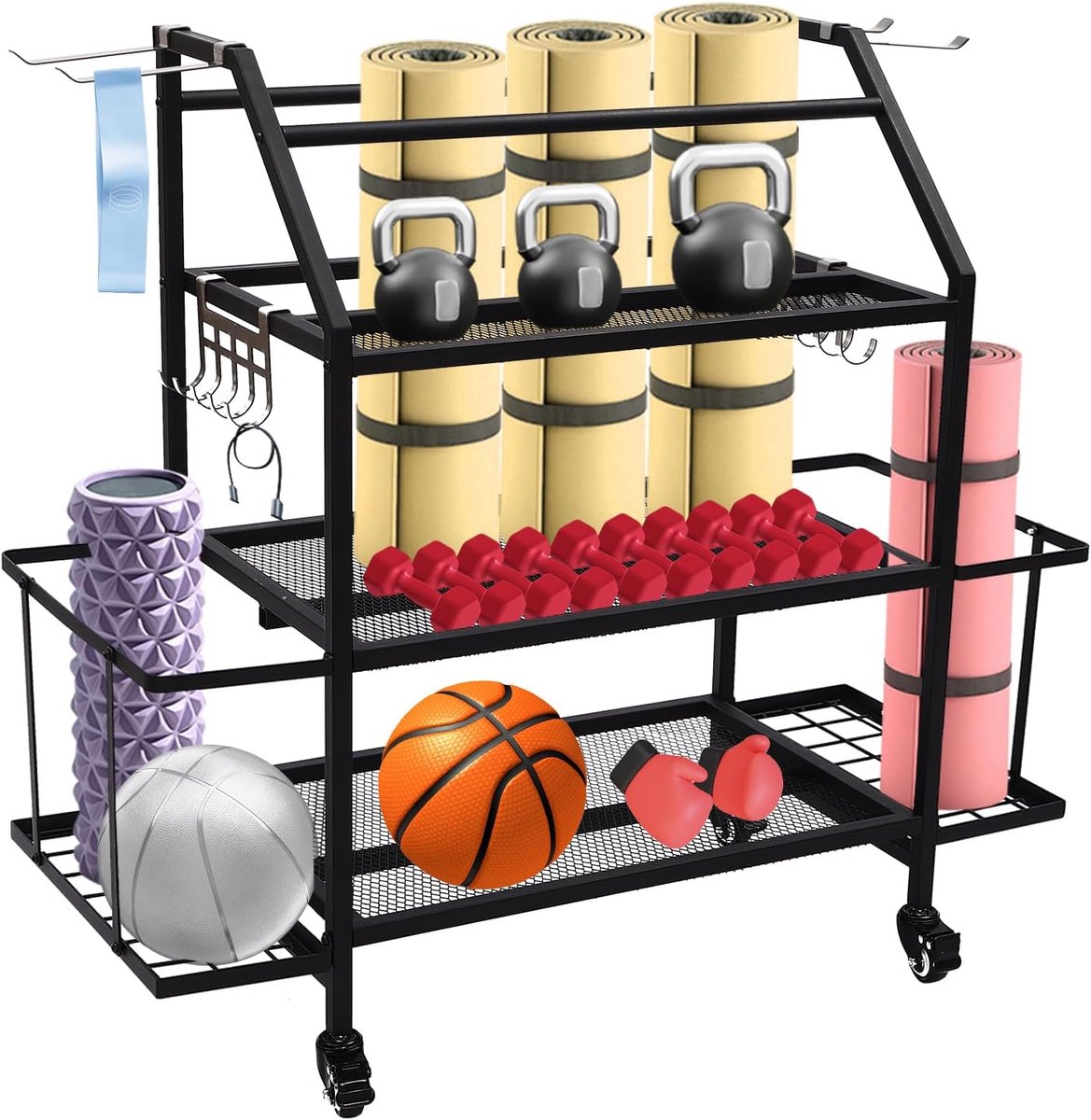 Halterrek, yogamat, organizer voor halters, verstelbare halterstandaard voor thuis, fitnessstudio, halters, yogamat, opbergrek, wagen, afsluitbare wielen