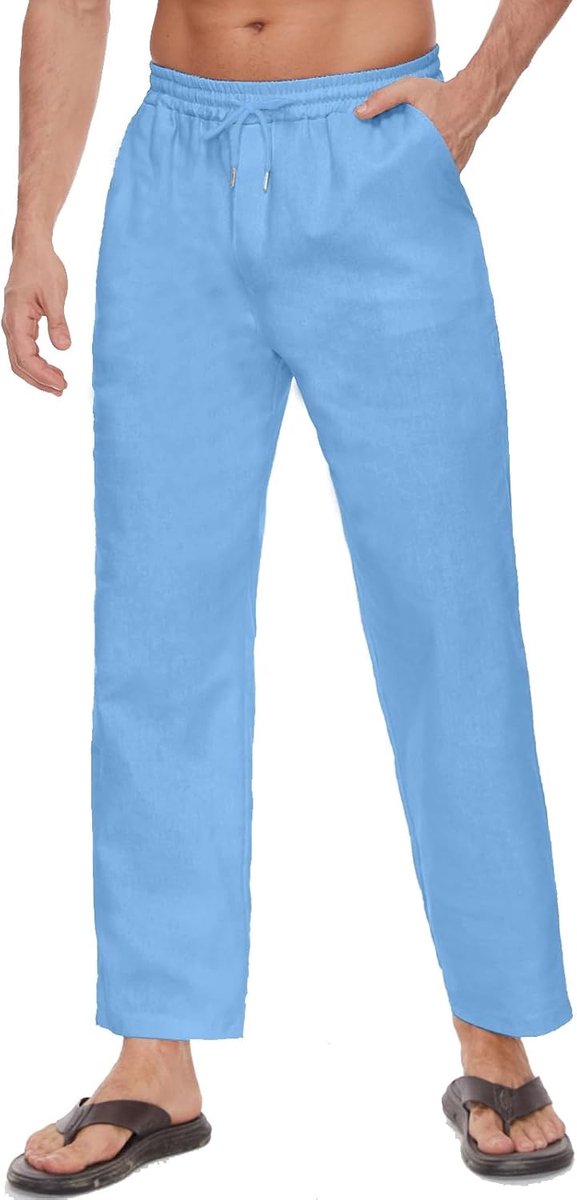 Linnen broek heren lange vrijetijdsbroek lichte zomerbroek elastische taille strandbroek met trekkoord zakken mannen linnen broek effen joggingbroek losse katoenen broek vakantie strand