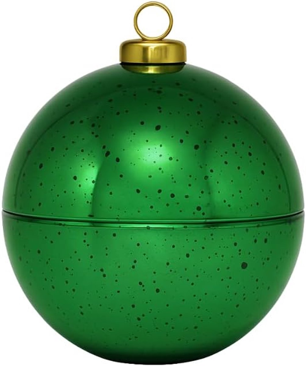 Elegante glazen bol, gebakdoos, opbergdoos, glazen schaal, boomboldoos, decoratieve schaal, glazen pot als kerstbal met gouden kroon van glas in groen, L/B/H 11 x 11 x 13 cm.