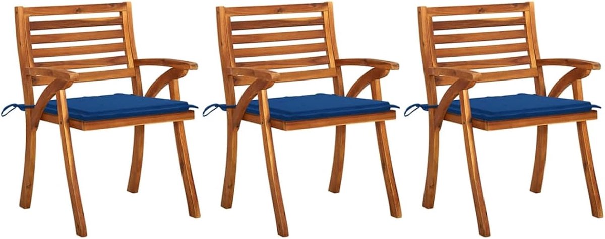 Eetstoelen met kussen, 3 stuks, tuinstoel, tuinstoel, houten stoel, stoel, balkonstoel, terrasstoel, tuinmeubelen, massief acacia