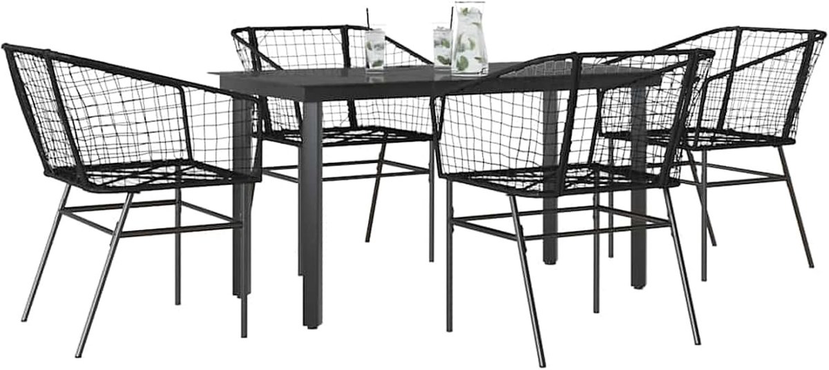 5-delige tuin-eetkamerset van zwart polyrotan glas eetgroep zitgroep outdoor tuinmeubelen set voor terras balkon restaurant