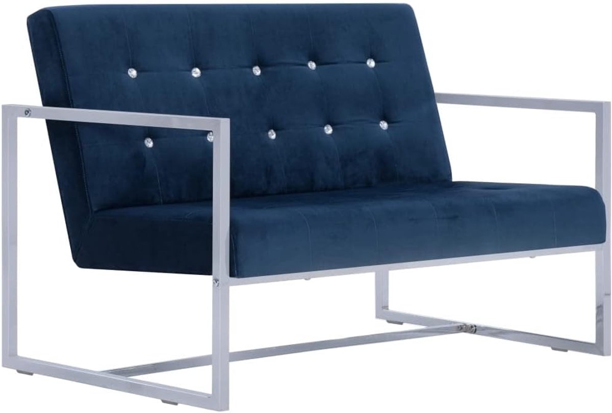Slaapkamerbank, 2-zitsbank, met armleuningen, blauw, chroom en fluweel, voor woonkamer, slaapkamer, kantoor