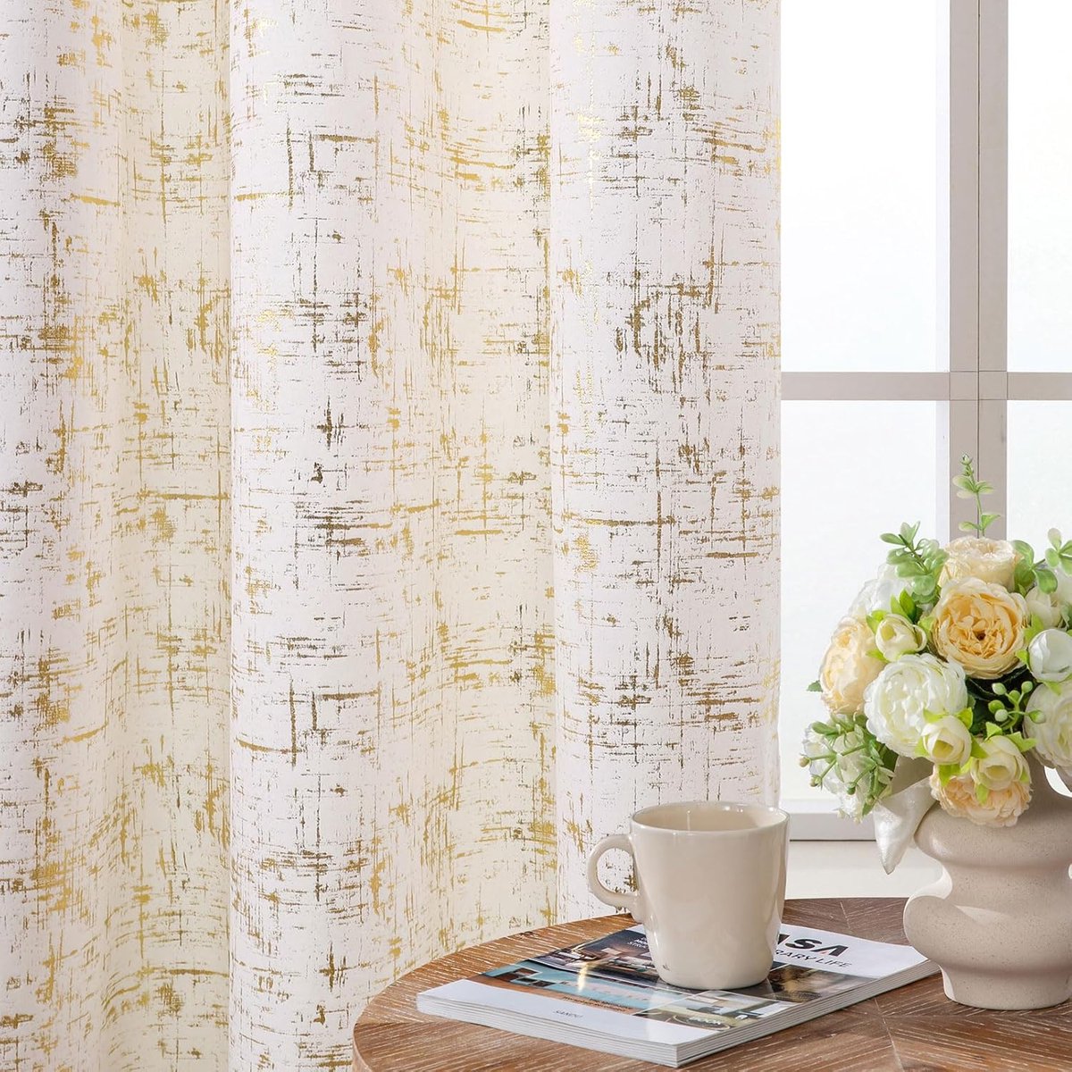 Lichtfiltergordijnen, crèmekleurig fluweel met goudkleurig ontwerp, 175 cm lang, 275 cm, korte lengte oogje, 2 panelen, 50% zonlicht en privacy, elegante doorschijnende gordijnen voor slaapkamer