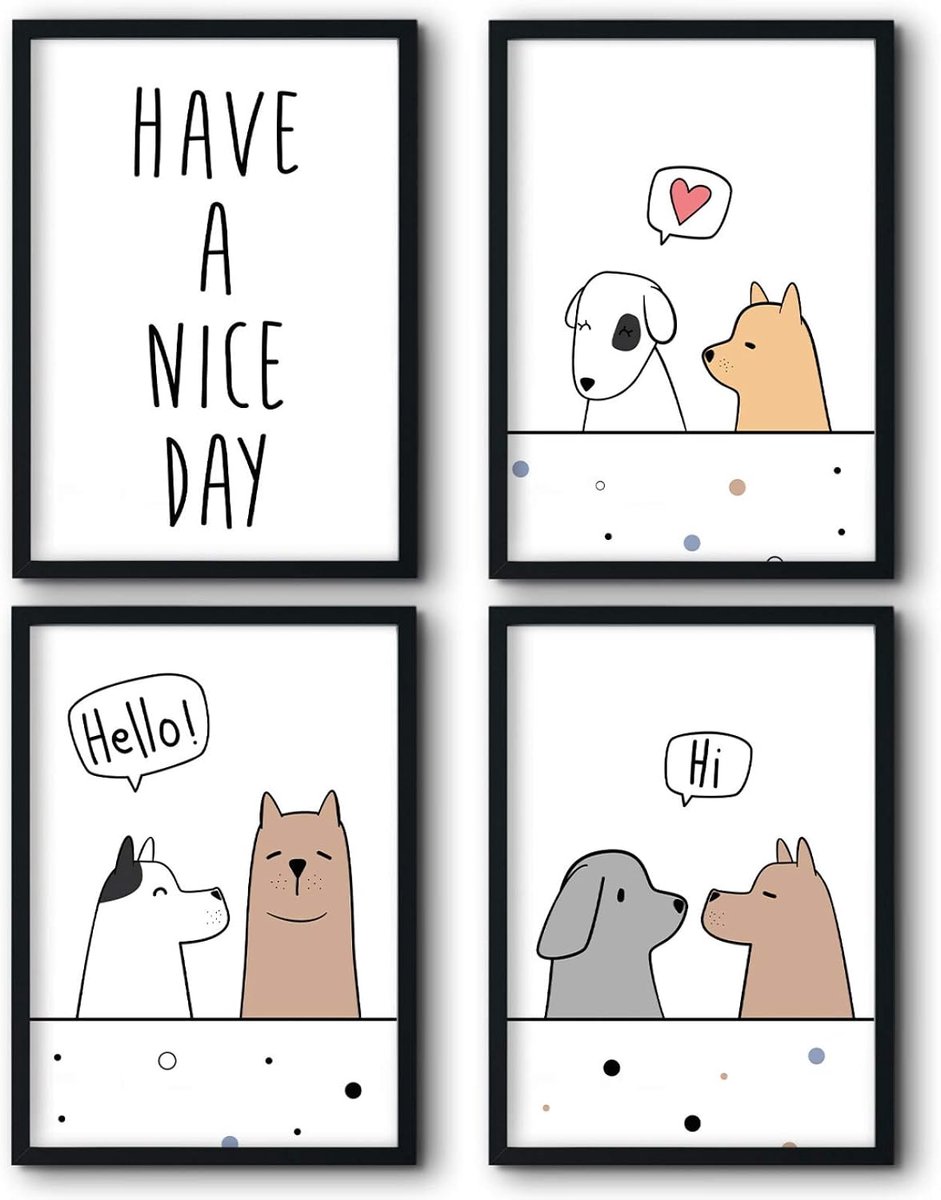 Bilderreich Set van 4 posters voor de kinderkamer, decoratieve afbeeldingen, babykamer, jongen en meisjes, kinderafbeelding voor de muur, 4 kant-en-klare afbeeldingen in zwarte lijst van hout, 4 x DIN A3, "hond Nice Day"