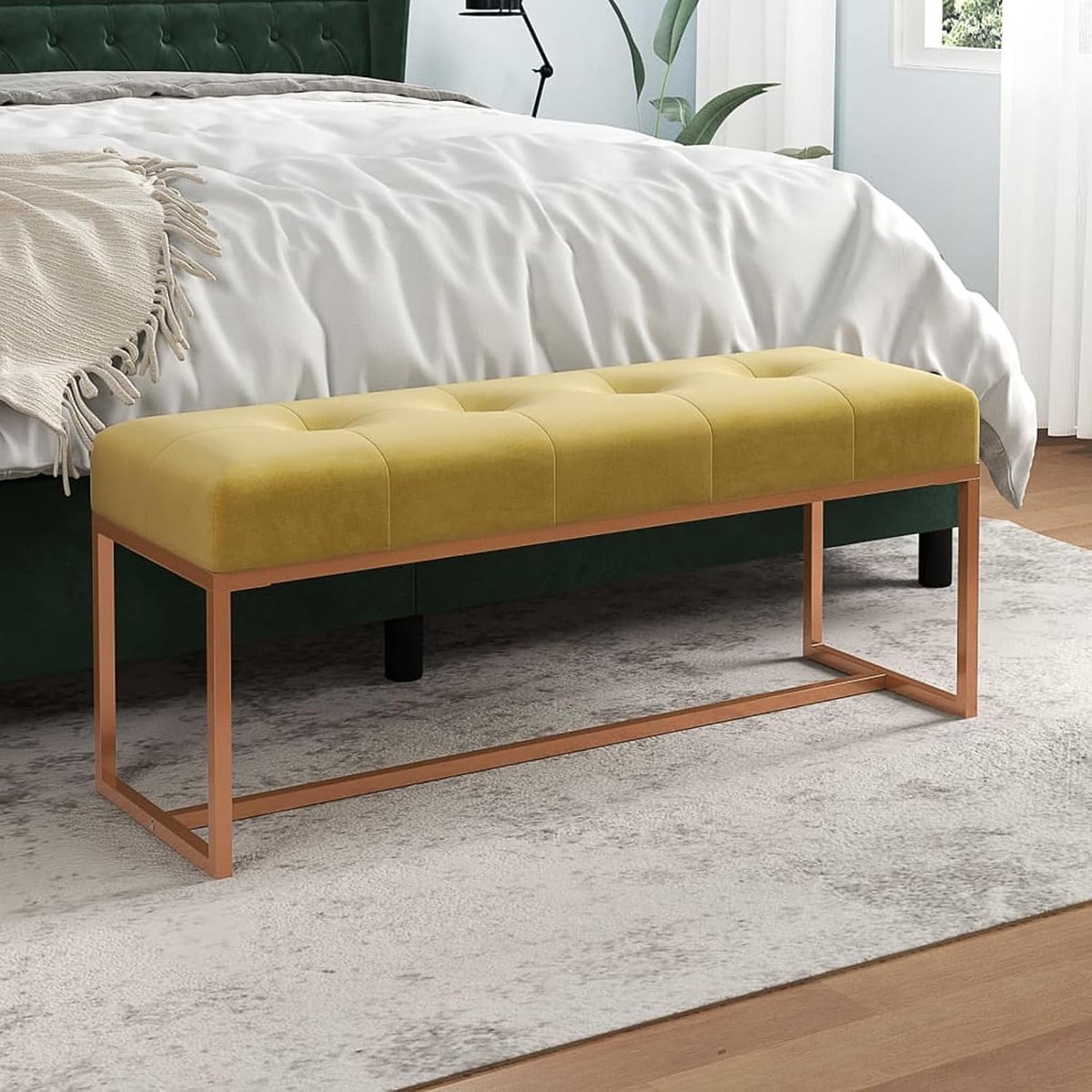Zitbank, bedbank, gestoffeerde bank, gangbank, fluweel, geel, 110 x 36 x 45 cm