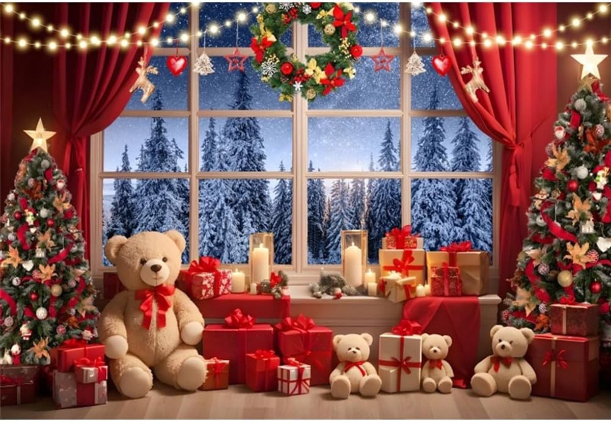 15x10ft Kerst Foto Achtergrond Winter Bos Sneeuw Luxe Kerstboom Fotografie Achtergrond Rood Gordijn Grenen Krans Nieuwjaar Familie Party Achtergronden Kinderen Volwassen Portret Foto Prop