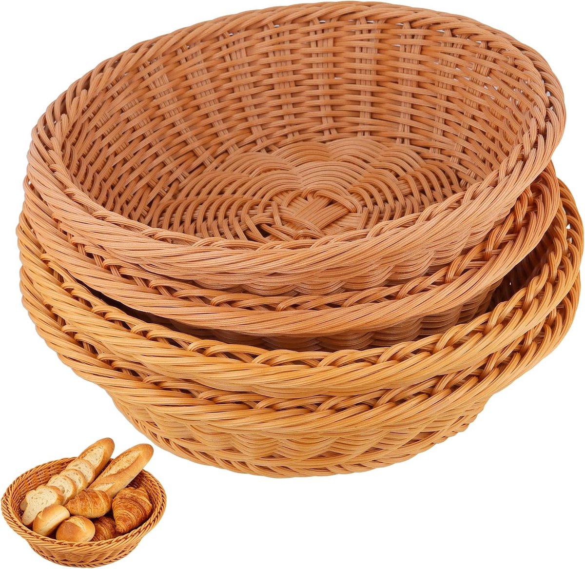 Broodmanden, gevlochten, rond, 2 x 25 x 7 cm, 2 x 23 x 7 cm, polypropyleen, bruin, broodmand, fruitmand, voor fruit, groenten en brood, 4 stuks