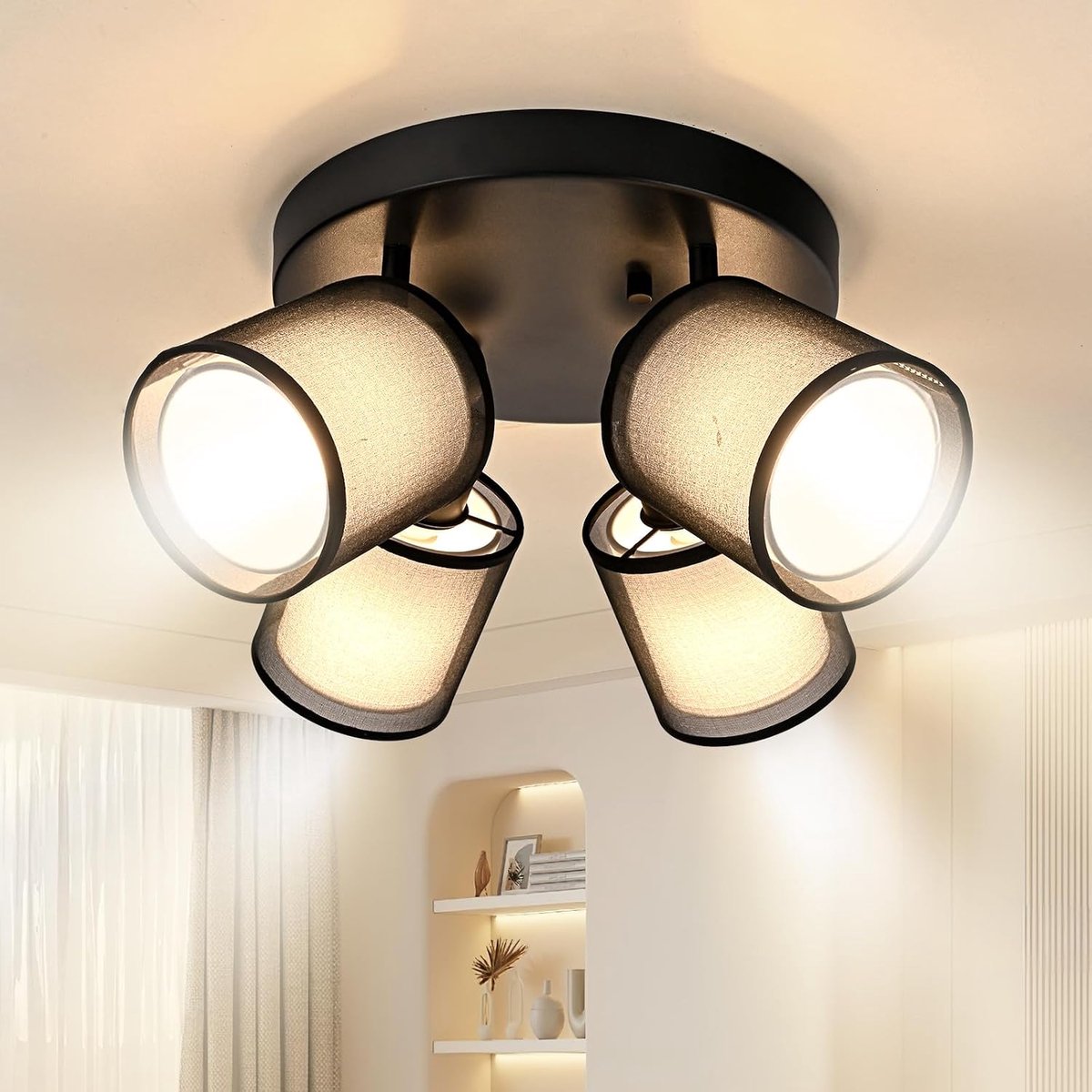 Plafondlamp, plafondspot, 4 vlammen, zwart, E14, draaibaar, rond, vintage